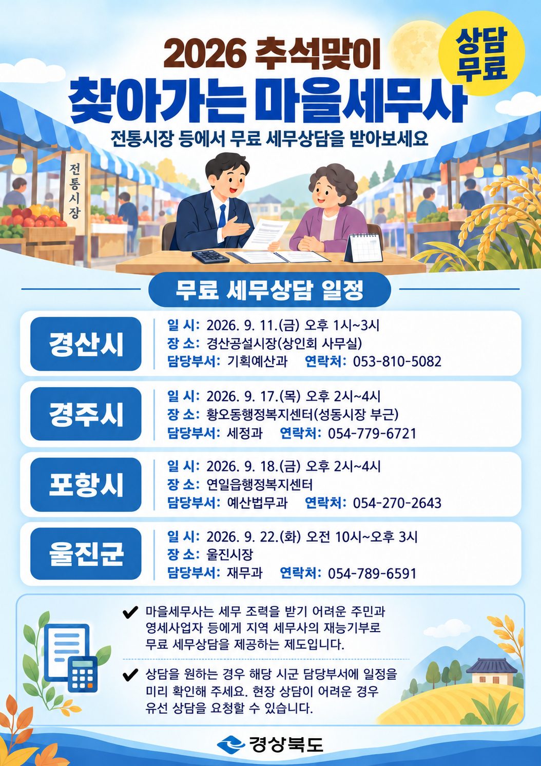 추석 앞 전통시장서 무료 세금 상담… 경북 '마을세무사' 포항·경주·경산·울진 순회