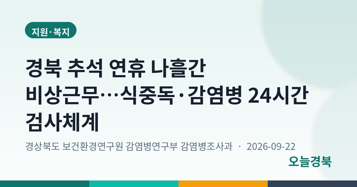 경북 추석 연휴 나흘간 비상근무…식중독·감염병 24시간 검사체계